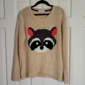 Womens Raccoon Sweater Long Sleeve Whimsical Animal Fall/Winter Sz M